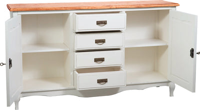 Biscottini Credenza Country in legno massello di tiglio struttura bianca anticata piano finitura naturale L160xPR42xH90 cm. Made in Italy