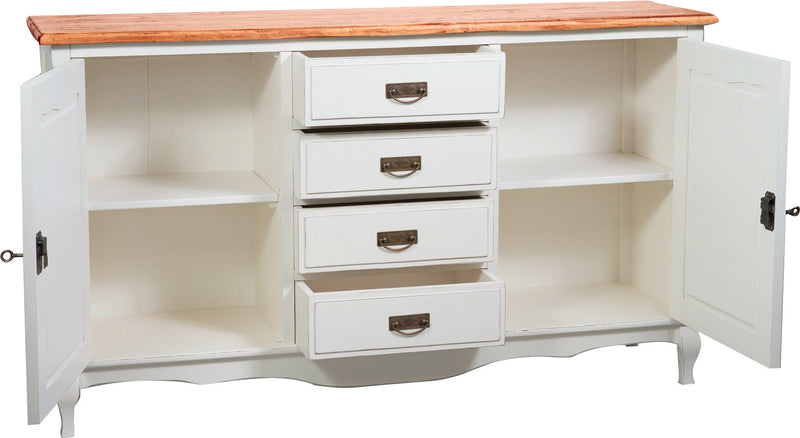 Biscottini Credenza Country in legno massello di tiglio struttura bianca anticata piano finitura naturale L160xPR42xH90 cm. Made in Italy