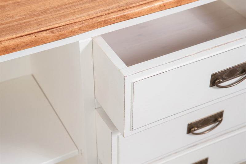 Biscottini Credenza Country in legno massello di tiglio struttura bianca anticata piano finitura naturale L160xPR42xH90 cm. Made in Italy