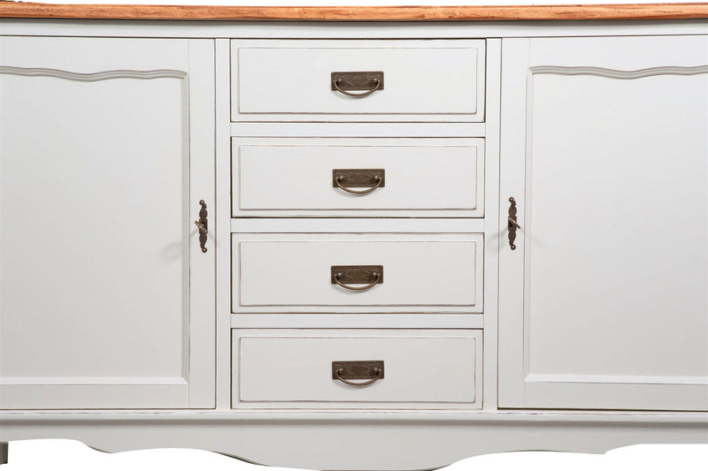 Biscottini Credenza Country in legno massello di tiglio struttura bianca anticata piano finitura naturale L160xPR42xH90 cm. Made in Italy