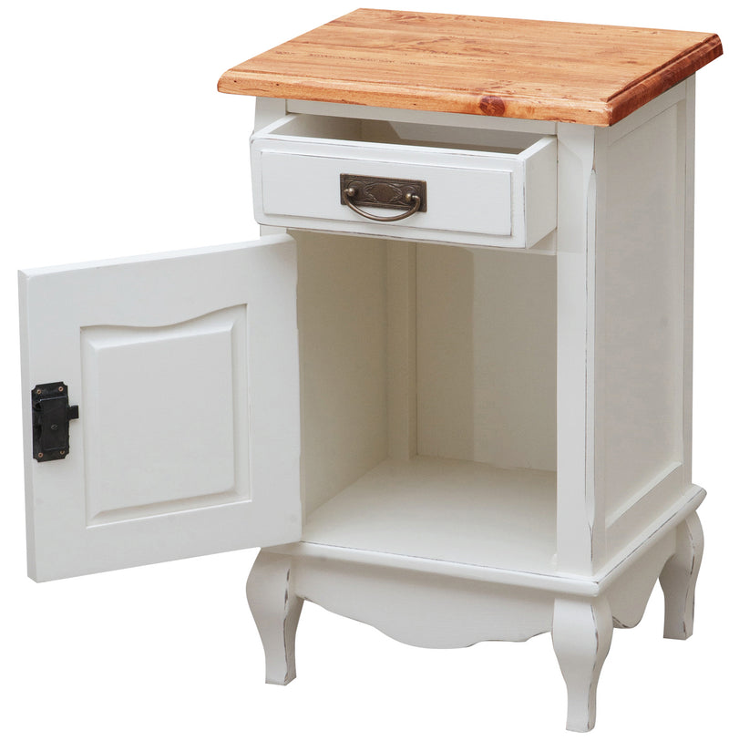 Biscottini Comodino Country in legno massello di tiglio struttura bianca piano finitura naturale L46xPR36xH70 cm. Made in Italy sx