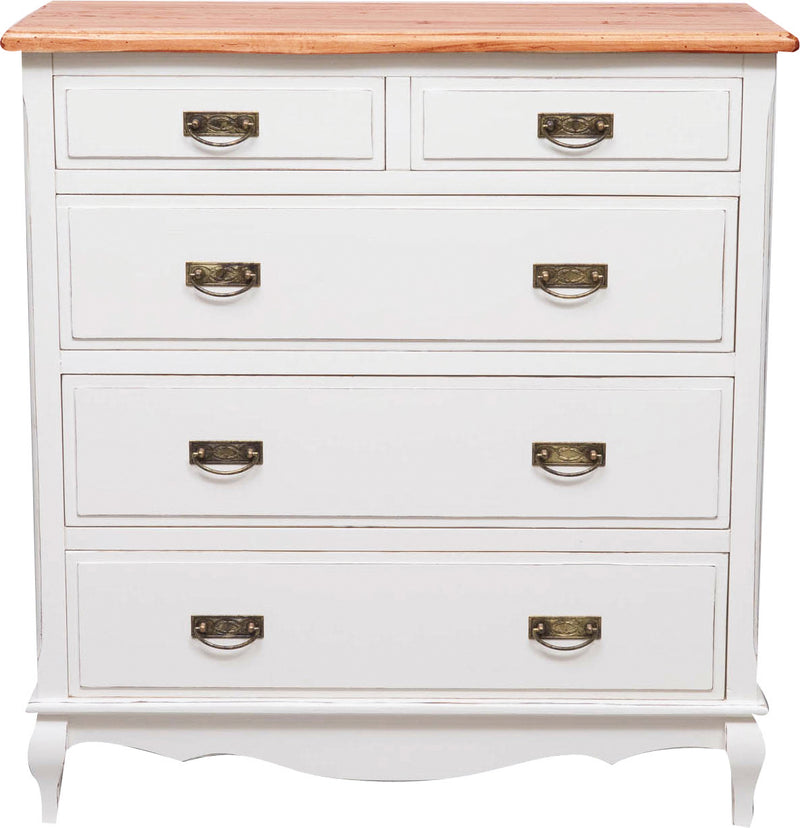 Biscottini Comò Country in legno massello di tiglio struttura bianca anticata piano finitura noce L100xPR45xH106 cm. Made in Italy