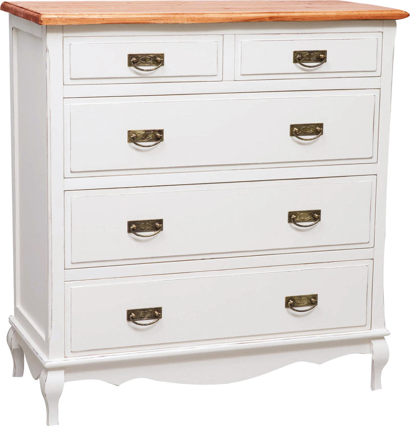 Biscottini Comò Country in legno massello di tiglio struttura bianca anticata piano finitura noce L100xPR45xH106 cm. Made in Italy