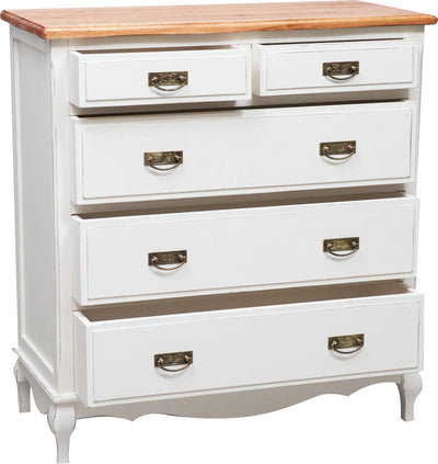 Biscottini Comò Country in legno massello di tiglio struttura bianca anticata piano finitura noce L100xPR45xH106 cm. Made in Italy