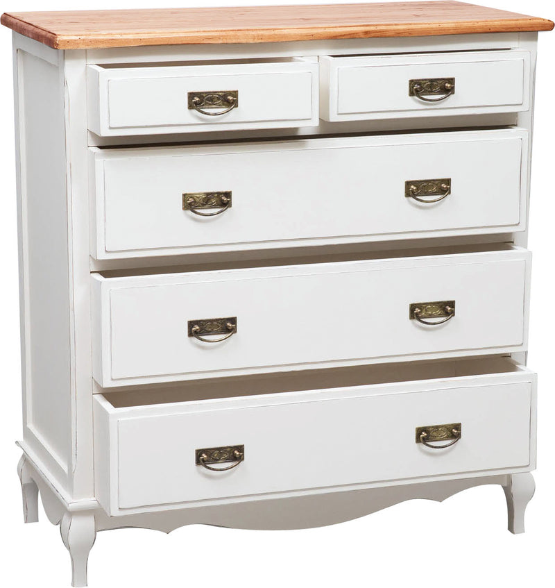 Biscottini Comò Country in legno massello di tiglio struttura bianca anticata piano finitura noce L100xPR45xH106 cm. Made in Italy