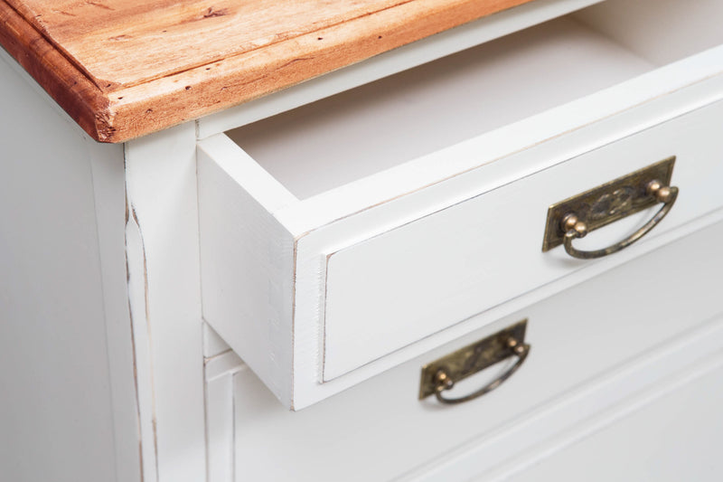 Biscottini Comò Country in legno massello di tiglio struttura bianca anticata piano finitura noce L100xPR45xH106 cm. Made in Italy