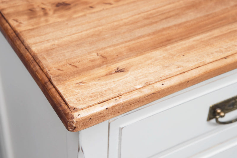 Biscottini Comò Country in legno massello di tiglio struttura bianca anticata piano finitura noce L100xPR45xH106 cm. Made in Italy