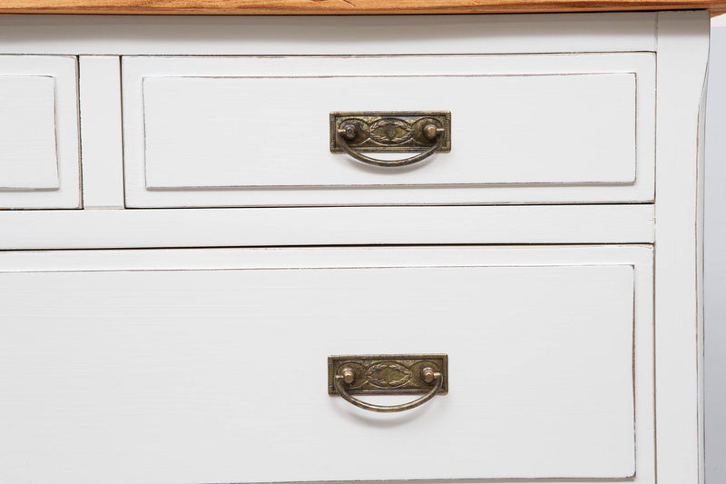 Biscottini Comò Country in legno massello di tiglio struttura bianca anticata piano finitura noce L100xPR45xH106 cm. Made in Italy