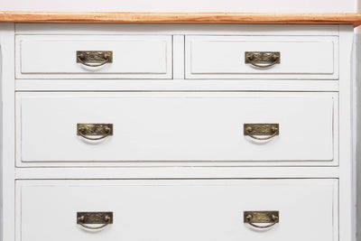 Biscottini Comò Country in legno massello di tiglio struttura bianca anticata piano finitura noce L100xPR45xH106 cm. Made in Italy