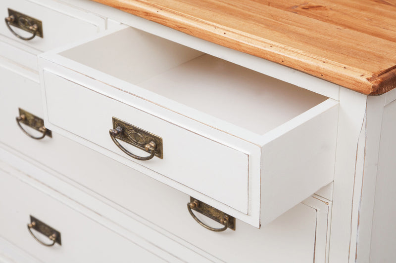 Biscottini Comò Country in legno massello di tiglio struttura bianca anticata piano finitura noce L100xPR45xH106 cm. Made in Italy