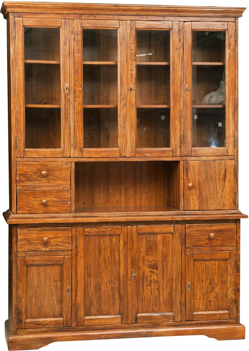 Biscottini Vetrina Country in legno massello di tiglio finitura noce L156xPR50xH200 cm. Made in Italy