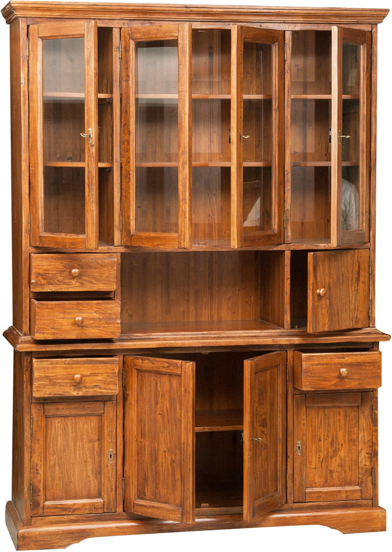 Biscottini Vetrina Country in legno massello di tiglio finitura noce L156xPR50xH200 cm. Made in Italy