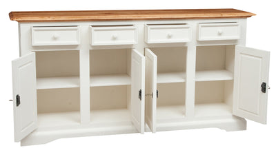 Biscottini Credenza Country in legno massello di tiglio struttura bianca anticata top finitura naturale L202xPR45xH103 cm. Made in Italy