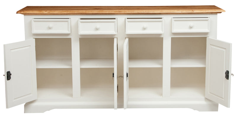 Biscottini Credenza Country in legno massello di tiglio struttura bianca anticata top finitura naturale L202xPR45xH103 cm. Made in Italy