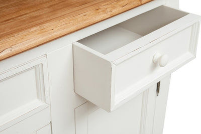 Biscottini Credenza Country in legno massello di tiglio struttura bianca anticata top finitura naturale L202xPR45xH103 cm. Made in Italy