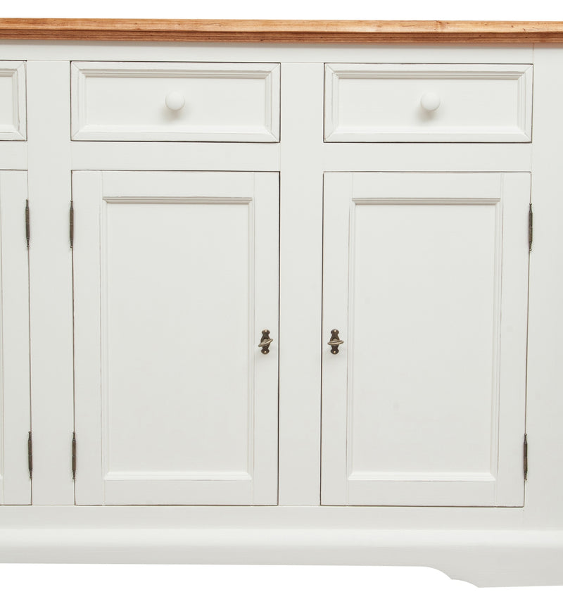 Biscottini Credenza Country in legno massello di tiglio struttura bianca anticata top finitura naturale L202xPR45xH103 cm. Made in Italy