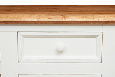 Biscottini Credenza Country in legno massello di tiglio struttura bianca anticata top finitura naturale L202xPR45xH103 cm. Made in Italy