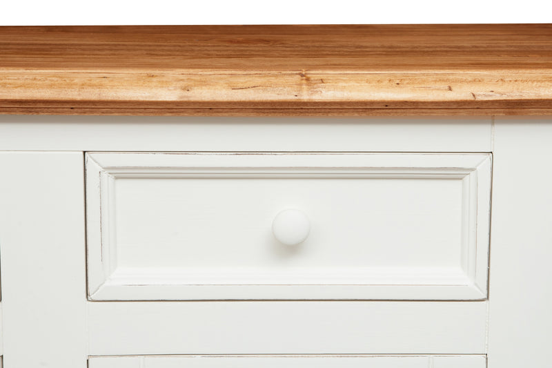 Biscottini Credenza Country in legno massello di tiglio struttura bianca anticata top finitura naturale L202xPR45xH103 cm. Made in Italy
