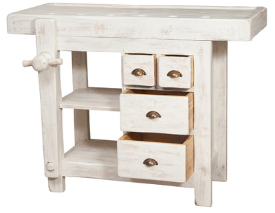 Biscottini Banco da lavoro Country in legno massello di tiglio finitura bianca anticata L116xPR63xH90 cm. Made in Italy