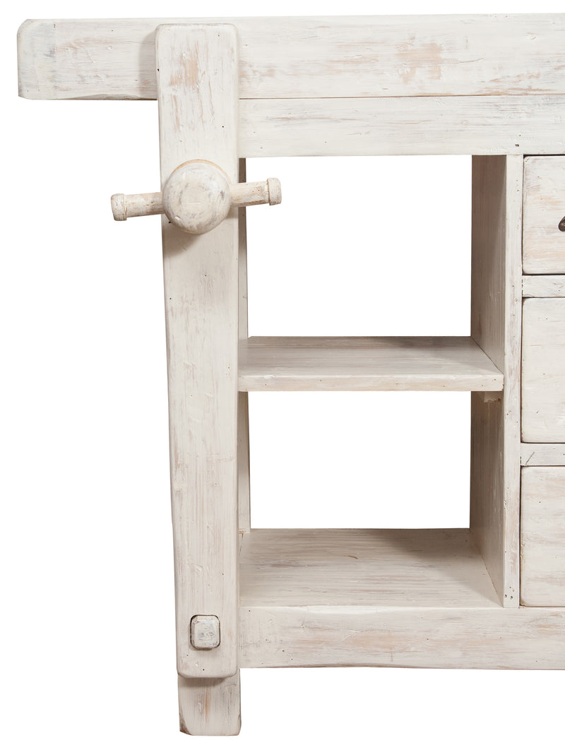 Biscottini Banco da lavoro Country in legno massello di tiglio finitura bianca anticata L116xPR63xH90 cm. Made in Italy