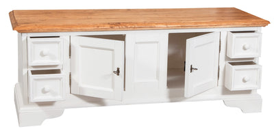 Biscottini Mobile porta tv Country in legno massello di tiglio struttura bianca anticata piano finitura naturale Made in Italy