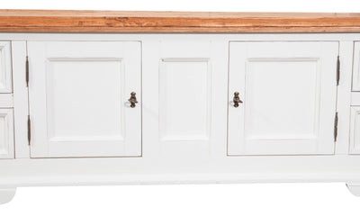 Biscottini Mobile porta tv Country in legno massello di tiglio struttura bianca anticata piano finitura naturale Made in Italy