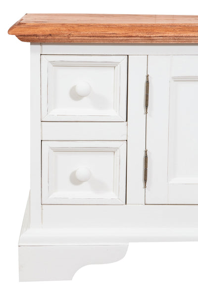 Biscottini Mobile porta tv Country in legno massello di tiglio struttura bianca anticata piano finitura naturale Made in Italy