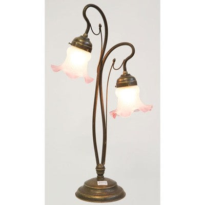 LAMPADE LINEA OLIVA DA TAVOLO 2 LUCI LIBERTY OTTONE BRONZATO E VETRO SOFFIATO