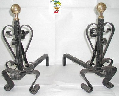 COPPIA DI ALARI FERRO BATTUTO GIGANTE CM.23x64x52 CAMINO CAMINETTO FUOCO