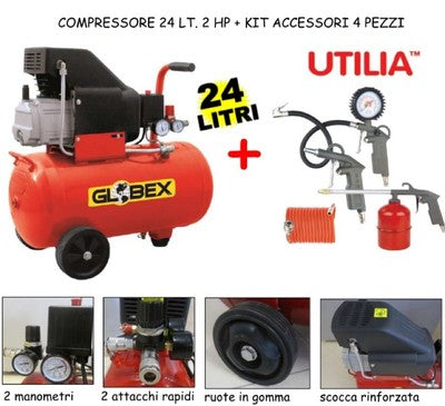 COMPRESSORE GLOBEX LT. 24 HP 2 + KIT ACCESSORI 4 PEZZI