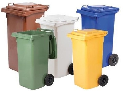 BIDONI PATTUMIERE QUADRI CON RUOTE PER RIFIUTI 120 LT VERDE - BIANCO-GIALLO- BLU