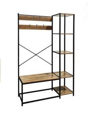 APPENDIABITI CON PANCA STILE INDUSTRIAL METALLO NERO 110X40X180 CM LEGNO RIPIANI