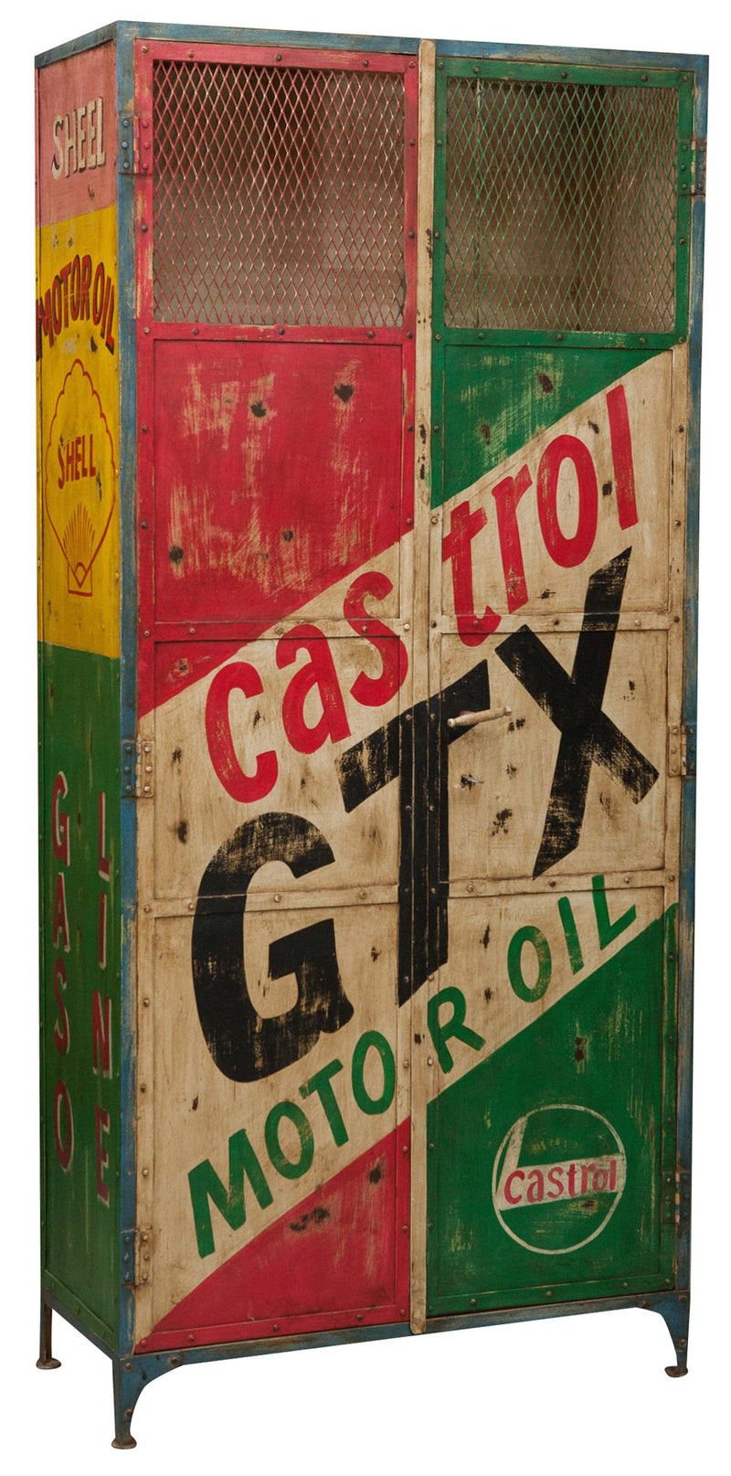 Biscottini Armadietto da officina castrol in ferro dipinto a mano stile vintage Offerta