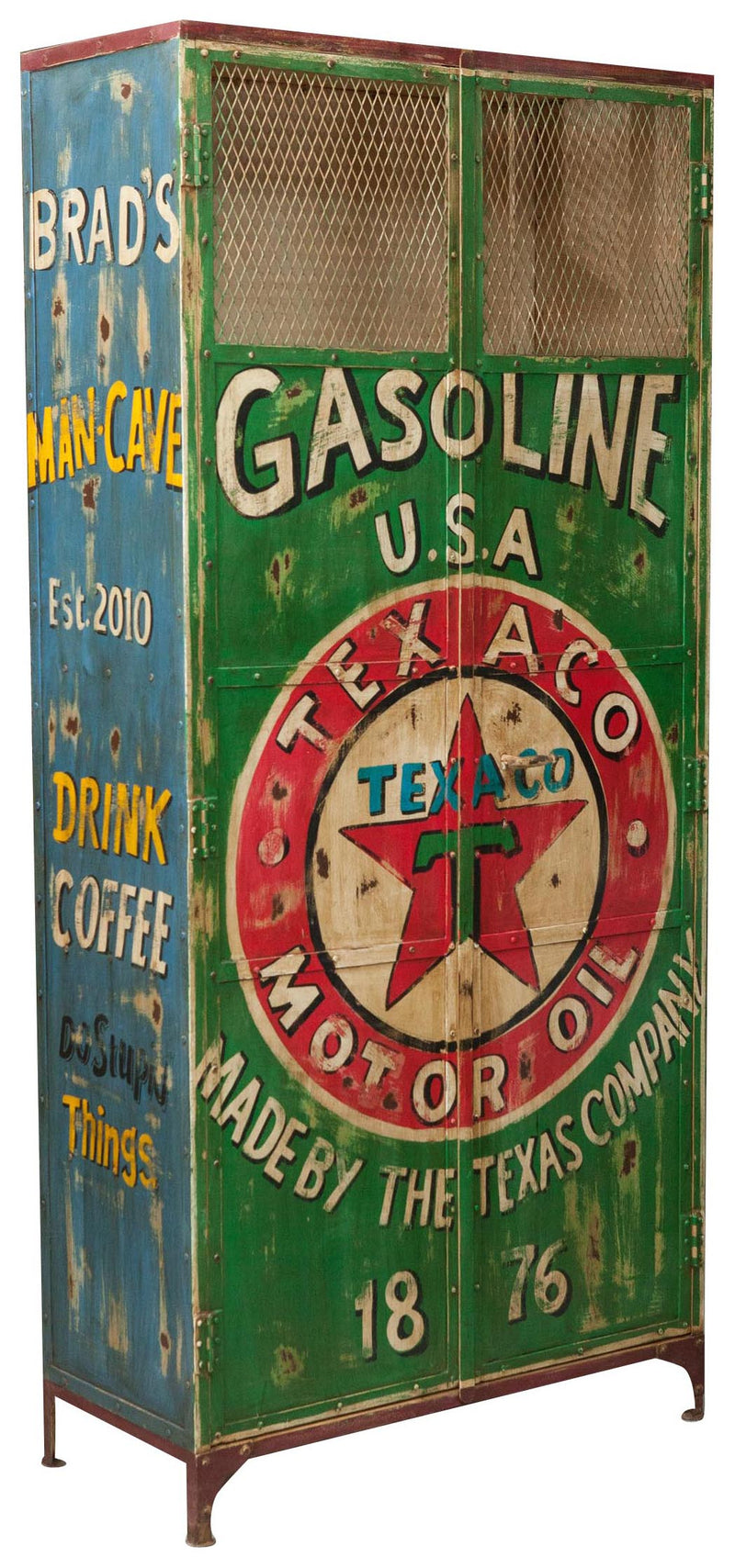 Biscottini Armadietto da officina texaco gasoline in ferro dipinto a mano stile vintage