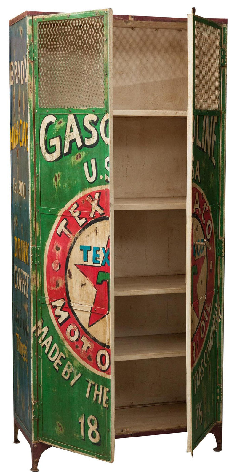 Biscottini Armadietto da officina texaco gasoline in ferro dipinto a mano stile vintage