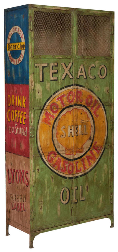 Biscottini Armadietto da officina texaco oil in ferro dipinto a mano stile vintage