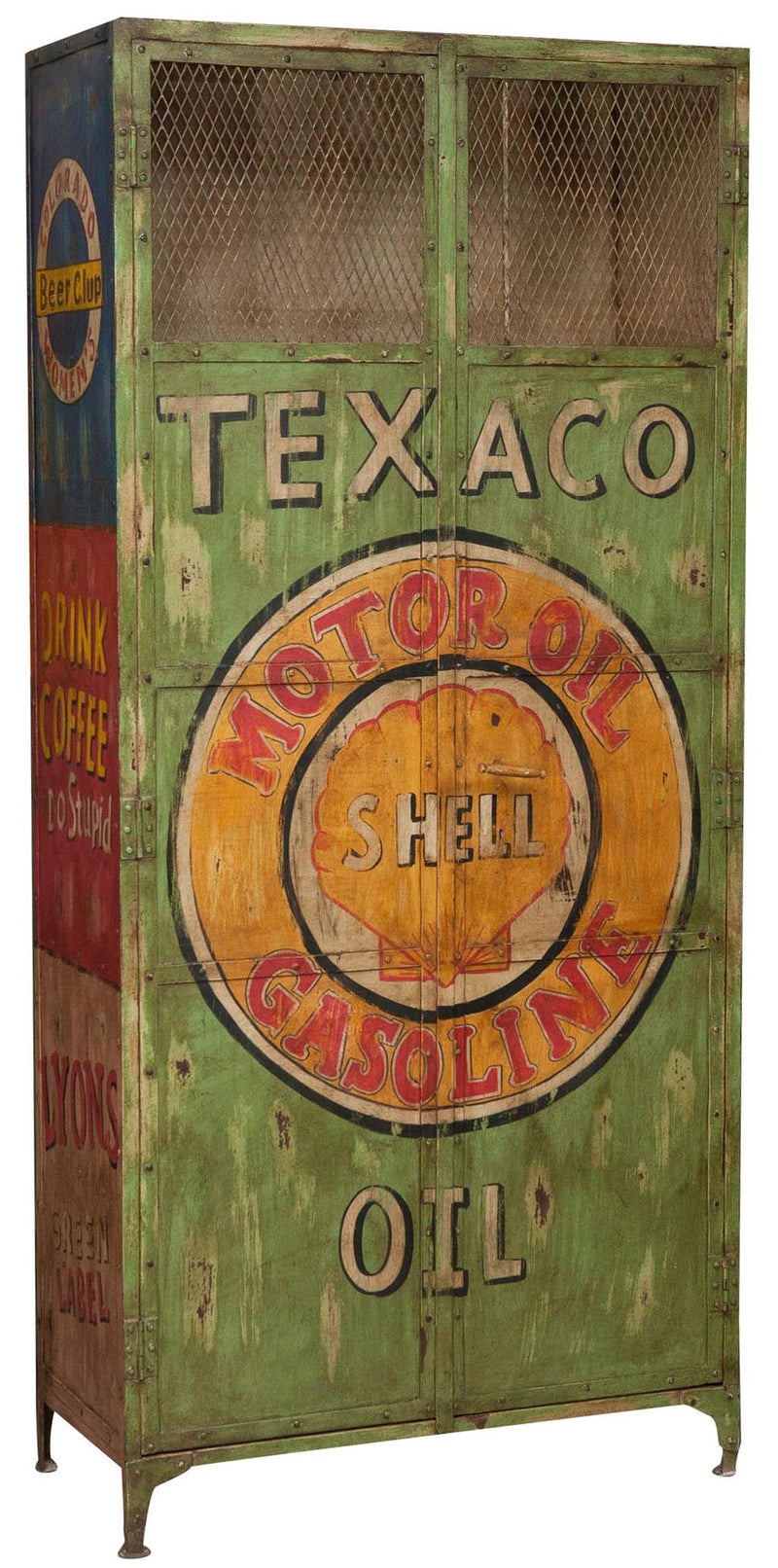 Biscottini Armadietto da officina texaco oil in ferro dipinto a mano stile vintage