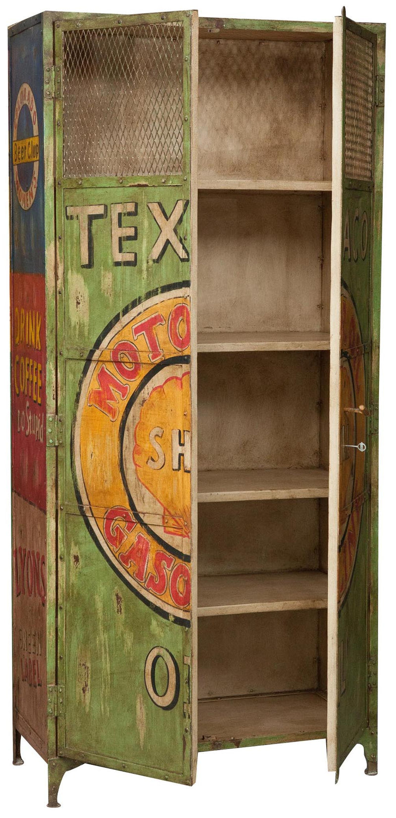 Biscottini Armadietto da officina texaco oil in ferro dipinto a mano stile vintage