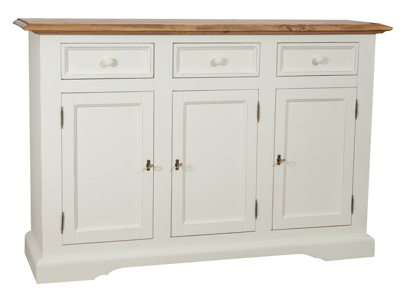 Biscottini Credenza Shabby-Country Chic in legno massello di tiglio artigianale struttura bianca anticata piano finitura naturale L156xPR45