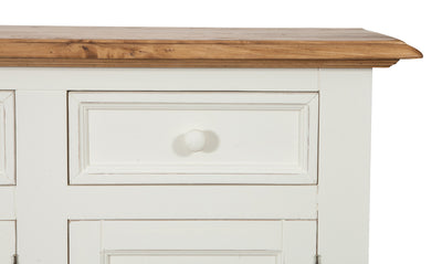 Biscottini Credenza Shabby-Country Chic in legno massello di tiglio artigianale struttura bianca anticata piano finitura naturale L156xPR45