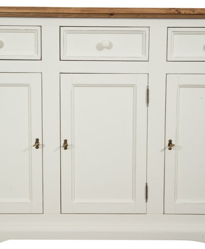 Biscottini Credenza Shabby-Country Chic in legno massello di tiglio artigianale struttura bianca anticata piano finitura naturale L156xPR45