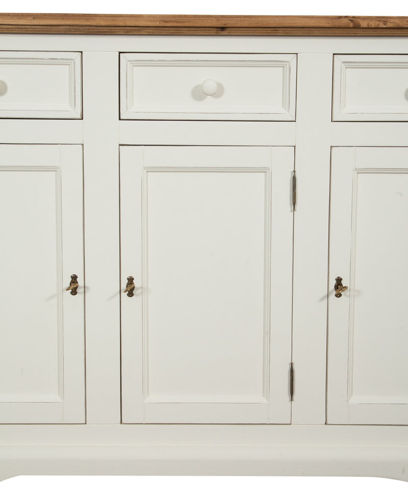 Biscottini Credenza Shabby-Country Chic in legno massello di tiglio artigianale struttura bianca anticata piano finitura naturale L156xPR45