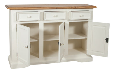 Biscottini Credenza Shabby-Country Chic in legno massello di tiglio artigianale struttura bianca anticata piano finitura naturale L156xPR45
