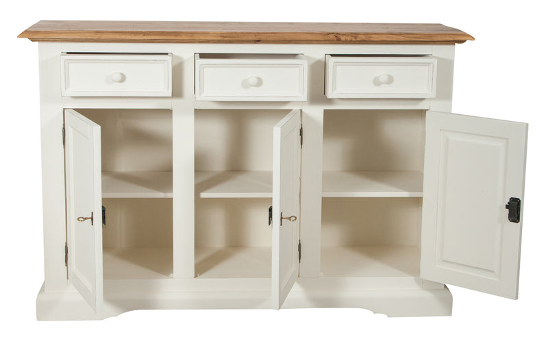 Biscottini Credenza Shabby-Country Chic in legno massello di tiglio artigianale struttura bianca anticata piano finitura naturale L156xPR45