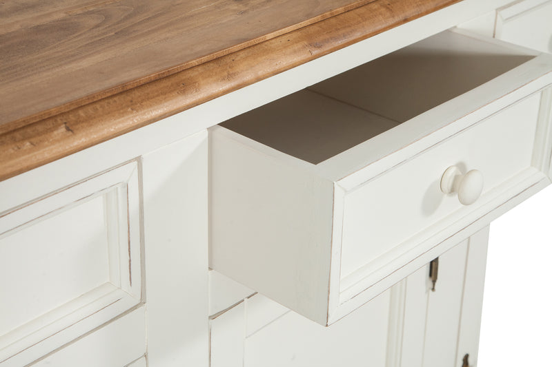 Biscottini Credenza Shabby-Country Chic in legno massello di tiglio artigianale struttura bianca anticata piano finitura naturale L156xPR45