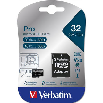 Memoria Micro SDHC Pro U3 32 Gb Verbatim 47041 - Transflash 32 Gb - Class10 UHS-3 - Lettura 90 MB/s - Adattatore incluso