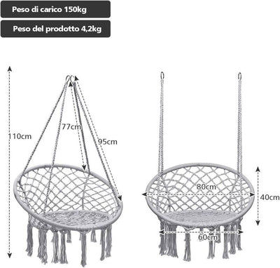 Amaca Sedia Sospesa Poltrona Sospesa, Carico 150Kg, Corde Di Cotone E Anelli Di Metallo, 80 X 60 X