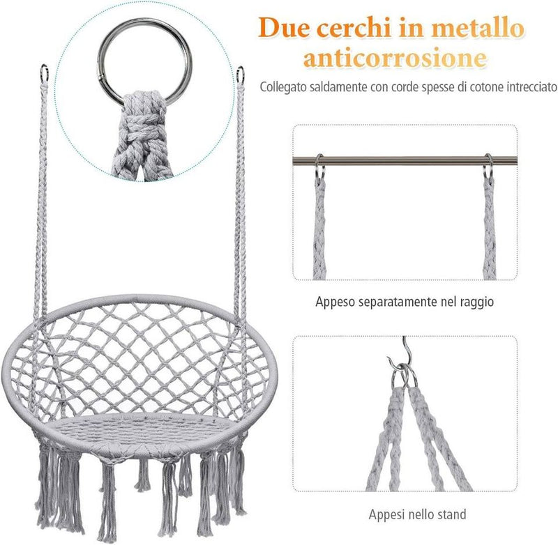 Amaca Sedia Sospesa Poltrona Sospesa, Carico 150Kg, Corde Di Cotone E Anelli Di Metallo, 80 X 60 X