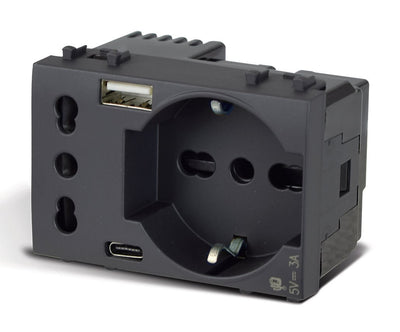 Tekla S44 Presa Schuko Presa Italiana USB-A e USB-C 2P+T 10/16A 250V 3 Moduli Grigio Opaco, 44509015USB
