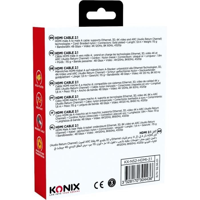 Cable HDMI 2.1 - KONIX - Nintendo Switch 2 - Compatibilidad 4K y 8K - Nailon trenzado - Longitud 1,8 m - Negro